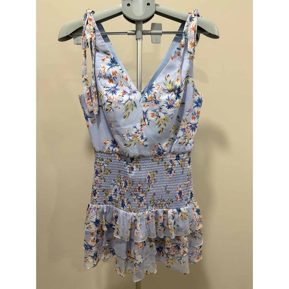 Amanda Uprichard Zita Dress Aqua Floral Blue Smocked V-Neck Size Medium